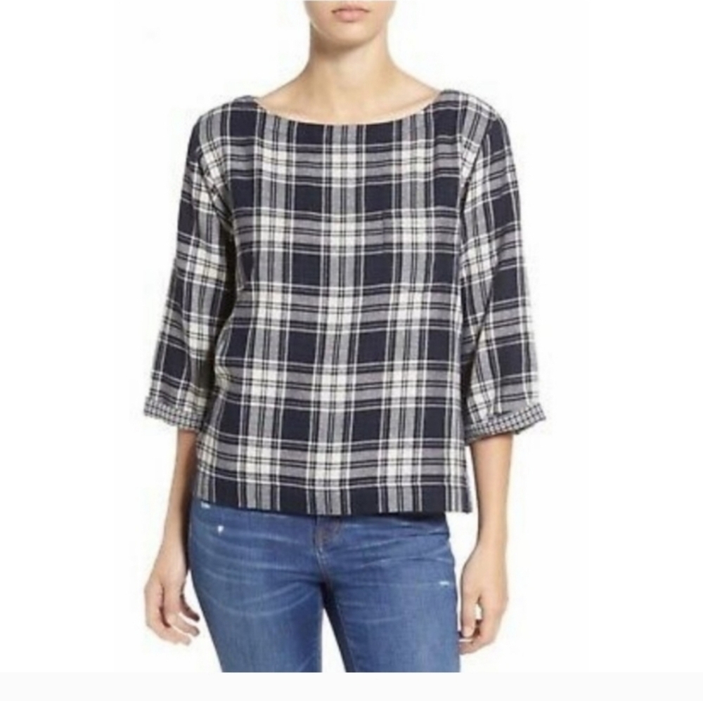 Madewell Navy White Plaid 3/4 Sleeves Top Blouse - Picture 3 of 8